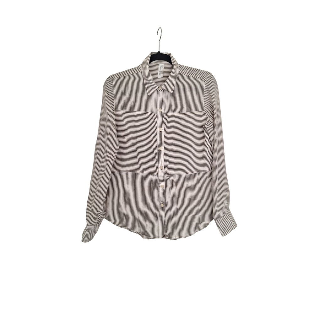 Spanx 100% Silk Striped Button Down Shirt Brown Cream Women Small Long Sleeve